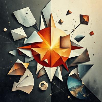 The primary subject of the image is a colorful, geometric artwork featuring a sun-like shape with a yellow center. The setting is a black background, which contrasts with the vibrant colors of the artwork. The visual style appears to be a combination of digital art and illustration, creating a unique and eye-catching design. The dominant colors are yellow, orange, and white, giving the artwork a warm and inviting atmosphere.